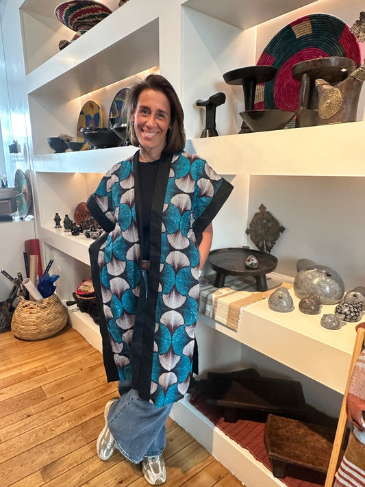 Kimono en wax fleurs - Manches larges